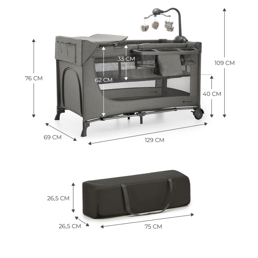 KINDERKRAFT - Berceau de voyage JOY 2 avec accessoires gris