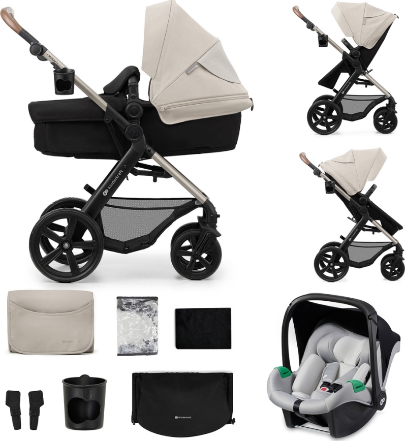 KINDERKRAFT - Passeggino combinato 3in1 MOOV 2 Moonlight grigio + seggiolino auto MINK PRO