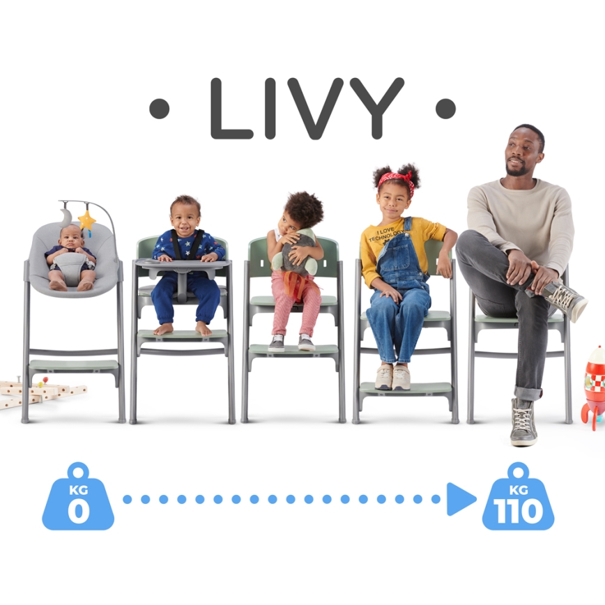 KINDERKRAFT SELECT - Sedia da pranzo per bambini 3in1 LIVY Premium Olive verde + lettino CALMEE