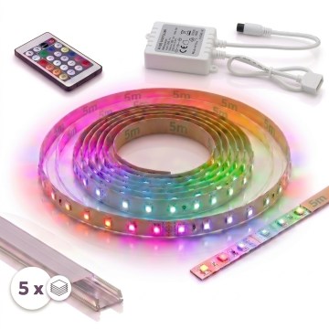 Kit 1x ruban LED RGBW dimmable DIGITAL 16,5 W/230 V 5 m + 5 profils encastrables 1 m argenté/blanc + télécommande