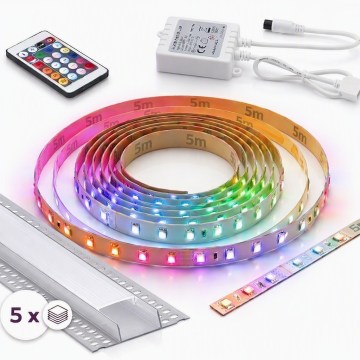 Kit 1x ruban LED RGBW dimmable DIGITAL LED/16,5W/230V 5 m + 5x profil encastrable 1 m argenté/blanc + télécommande