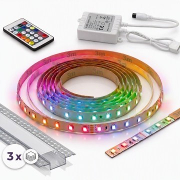 KIT 1x ruban LED RGBW dimmable DIGITAL LED/9,6W/230V 3 m + 3x profil à encastrer 1 m argent/blanc + télécommande