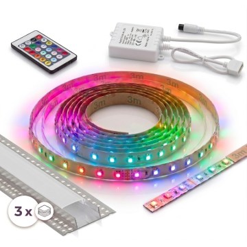 KIT 1x ruban LED RGBW dimmable DIGITAL LED/9,6W/230V 3 m + 3x profil encastré 1 m argent/blanc + télécommande