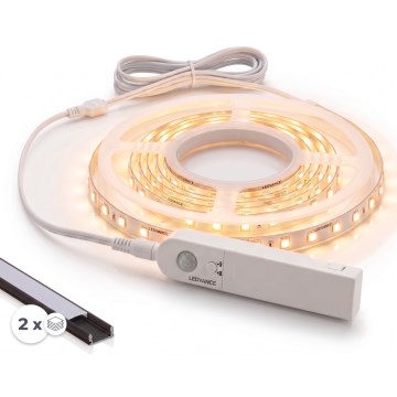 Kit 1x striscia LED flessibile con sensore di movimento FLEX, 3,6W, alimentazione 4xAA, 2 m + 2 profili da incasso da 1 m, nero/bianco