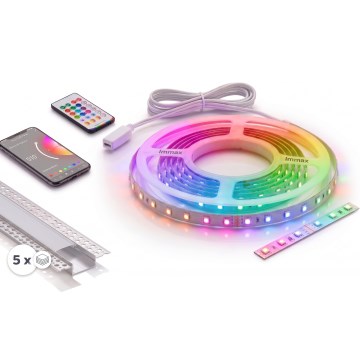 KIT 1x striscia LED RGBW dimmerabile NEO LITE MUSIC LED/24W/230V 5 m IP65 Wi-Fi Tuya + 5x profilo da incasso 1 m argento/bianco + telecomando