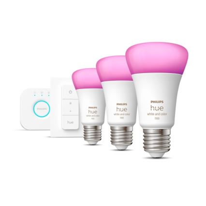Kit base Philips Hue WHITE AND COLOR AMBIANCE 3xE27/9W 2000-6500K + Hue Bridge e interruttore dimmer