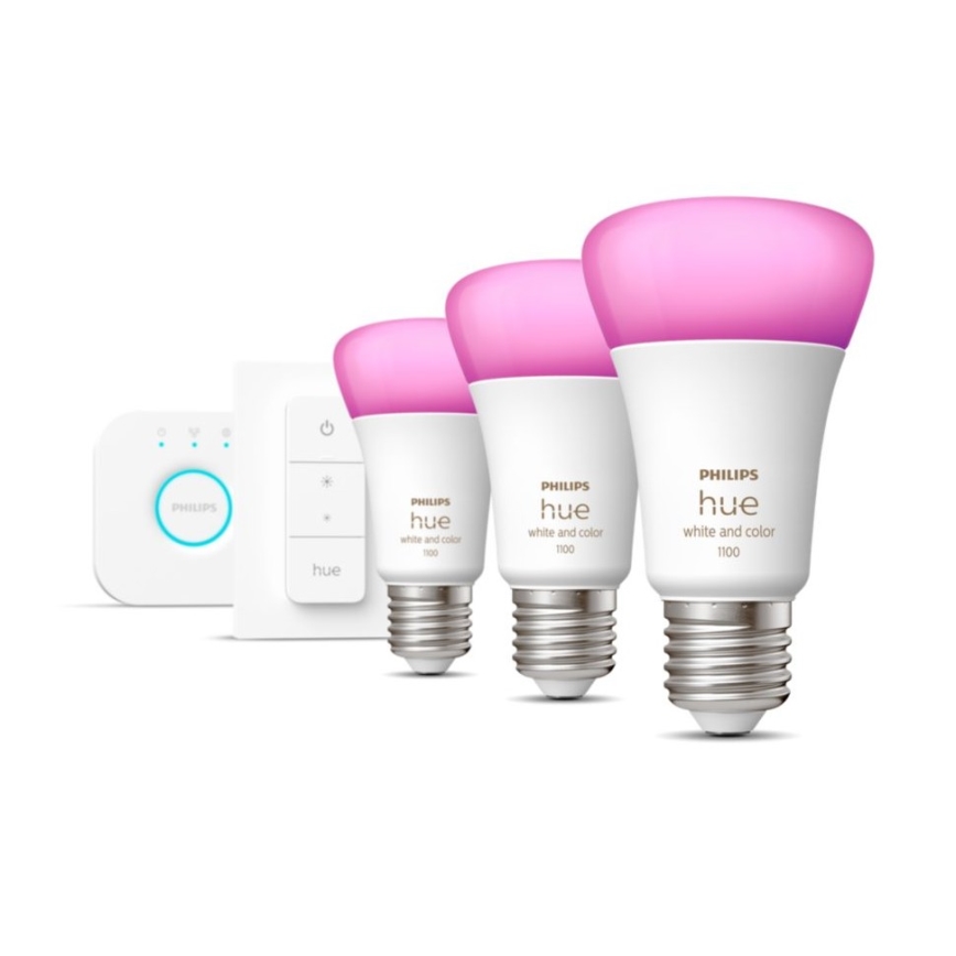 Kit base Philips Hue WHITE AND COLOR AMBIANCE 3xE27/9W 2000-6500K + Hue Bridge e interruttore dimmer