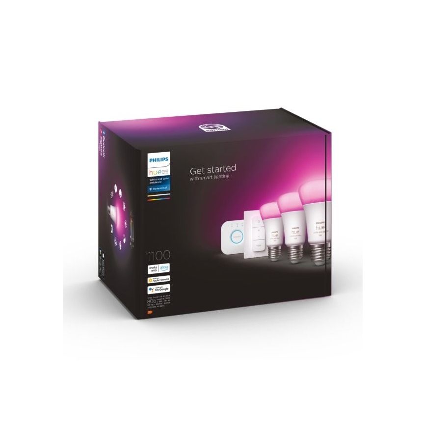 Kit base Philips Hue WHITE AND COLOR AMBIANCE 3xE27/9W 2000-6500K + Hue Bridge e interruttore dimmer