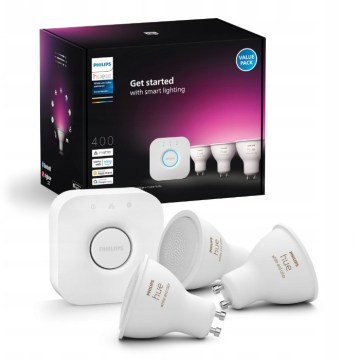 Kit iniziale Philips Hue WHITE AND COLOR AMBIANCE con 3 lampadine GU10 da 4,2W/230V, 2200-6500K + Hue Bridge