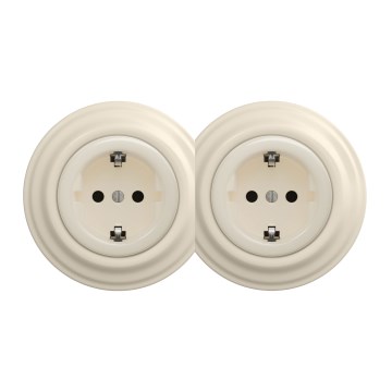 Kliklap - Doppelte Retro-Steckdose für den Haushalt mit Rahmen SCHUKO 230V/16A beige