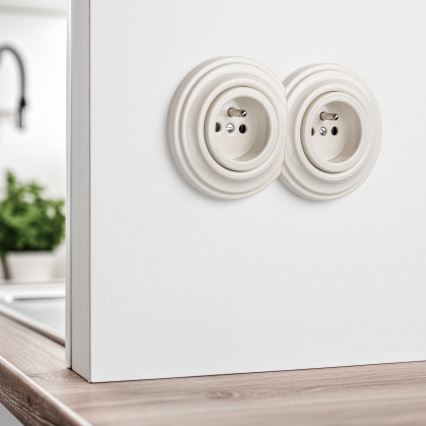 Kliklap - Retro-Doppelsteckdose für den Wohnbereich mit Rahmen, 230 V, beige
