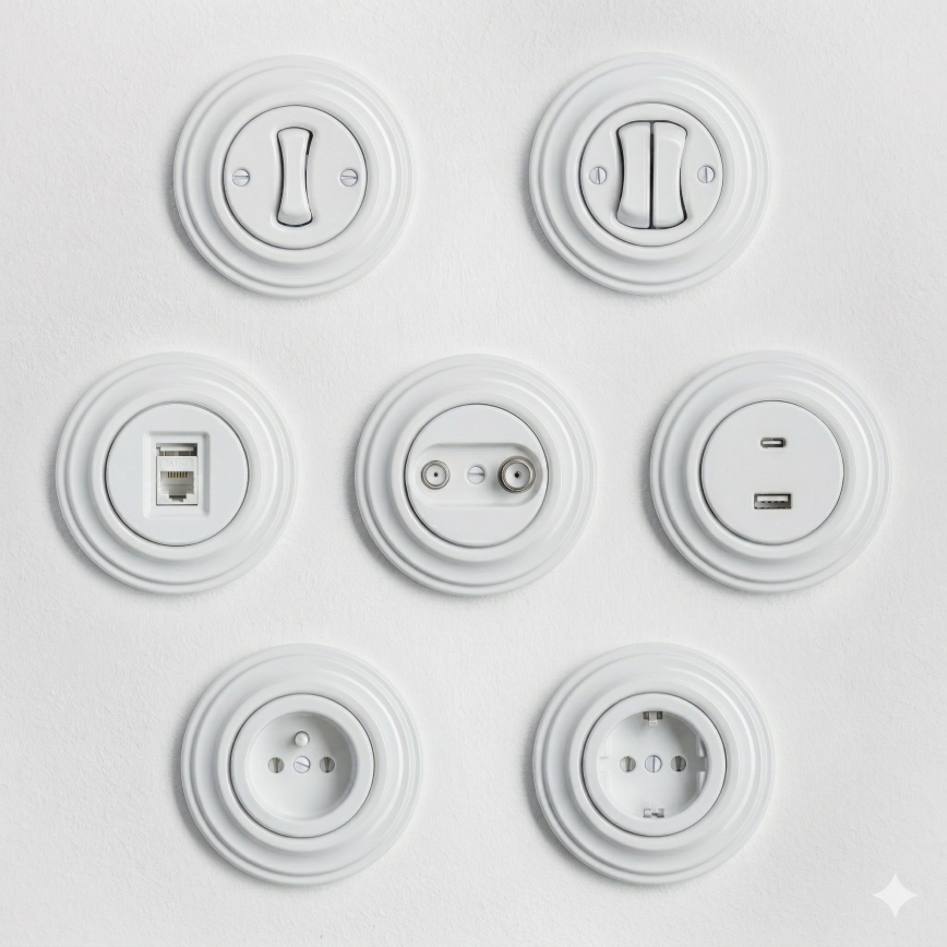 Kliklap - Retro-Einpolschalter mit Rahmen Nr. 1, schneeweiß