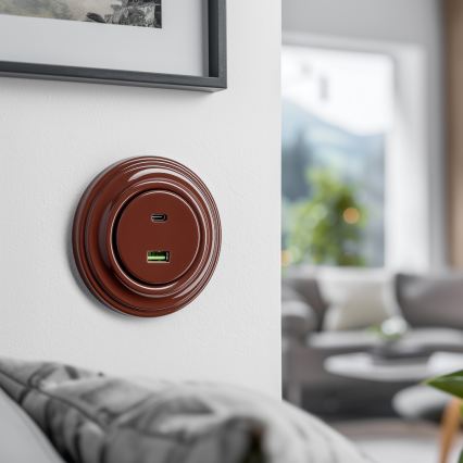 Kliklap - Retro-USB-Steckdose Typ A+C mit Rahmen, braun