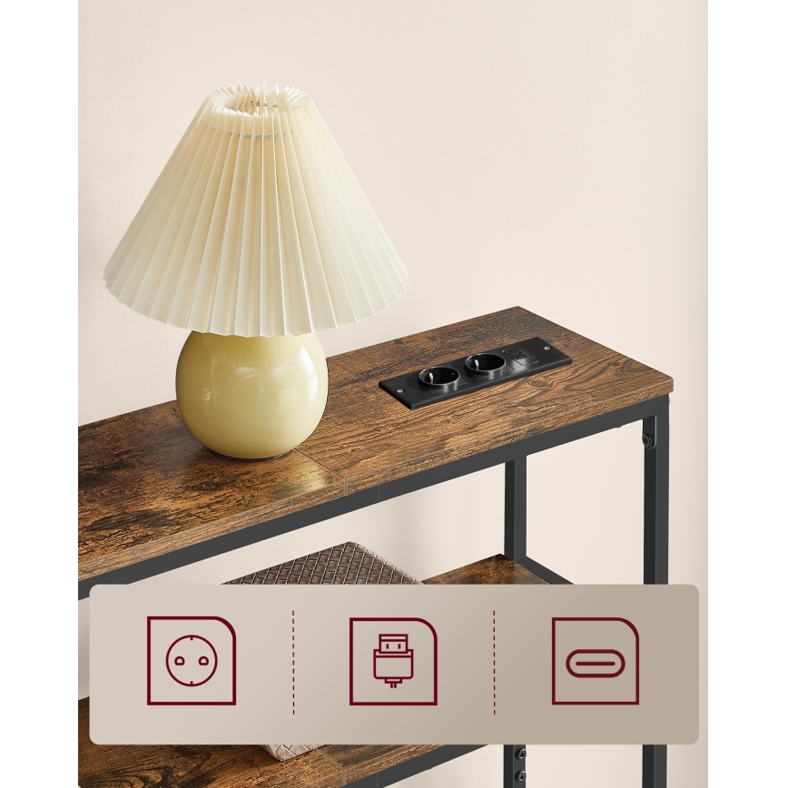 Konsolentisch LUVOR 80 x 20 cm, braun/schwarz, mit integrierten Steckdosen und USB-Anschlüssen