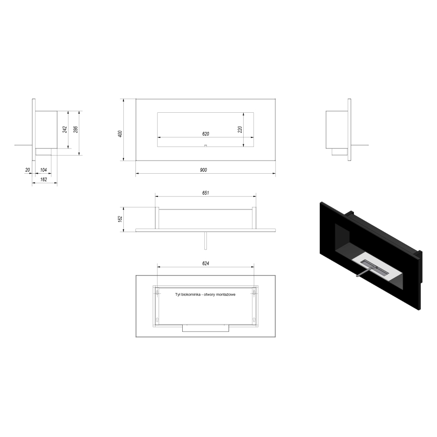 Kratki - Cheminée encastrée BIO 40x90 cm 2kW noir