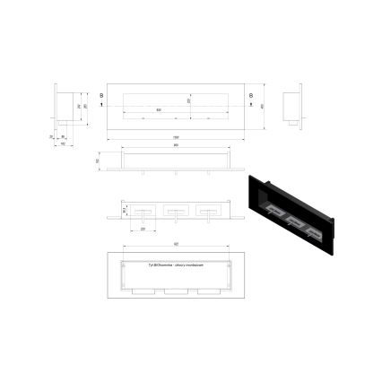 Kratki - Integrato Caminetto BIO 40x120 cm 3x1,1kW nero