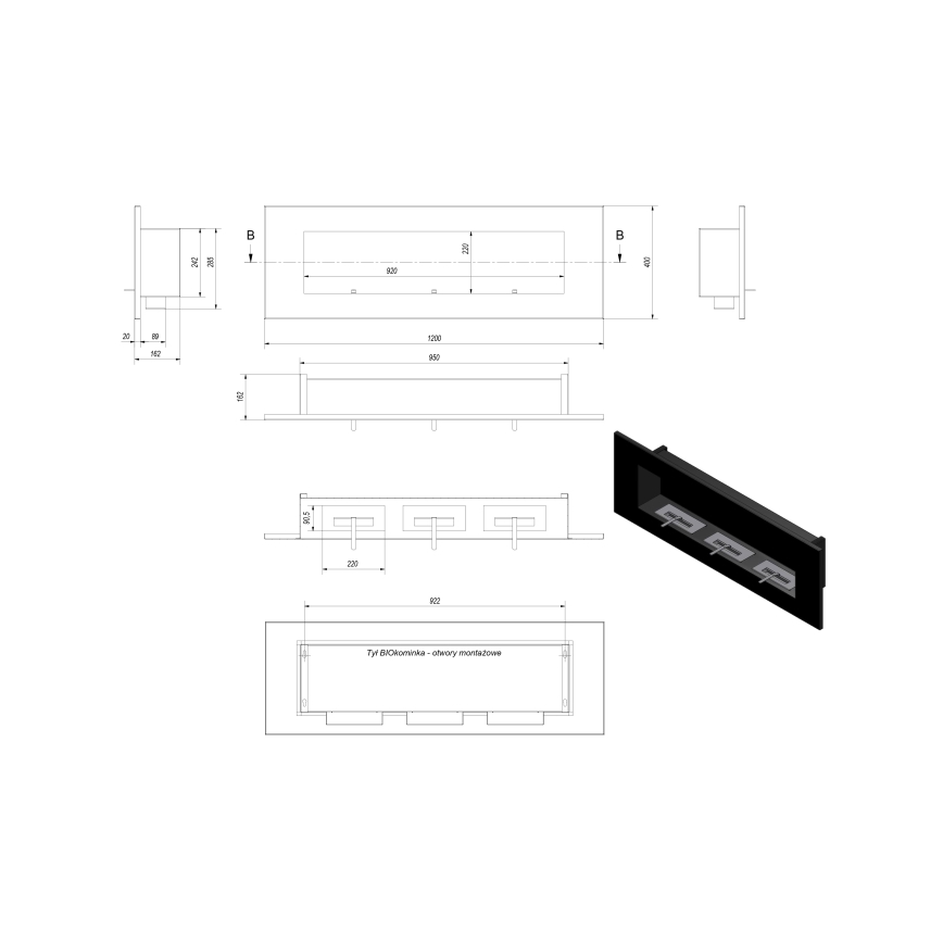 Kratki - Integrato Caminetto BIO 40x120 cm 3x1,1kW nero