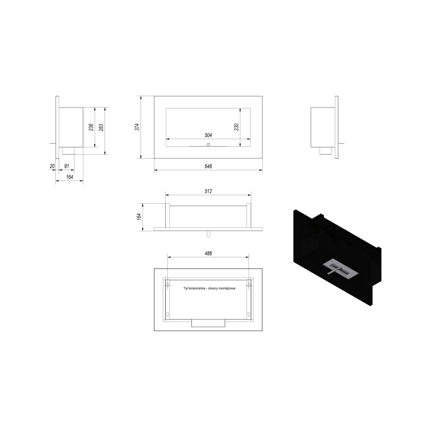 Kratki - Integrato Caminetto BIO 37,4x64,8 cm 1kW nero