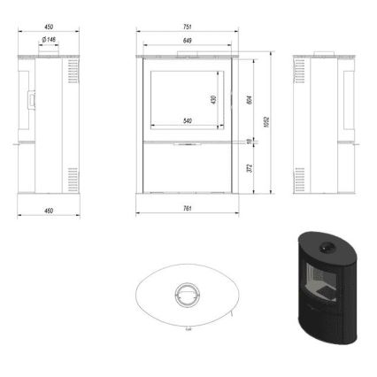 Kratki - Stahlkamin mit automatischer Türschließung 10kW 150 mm schwarz