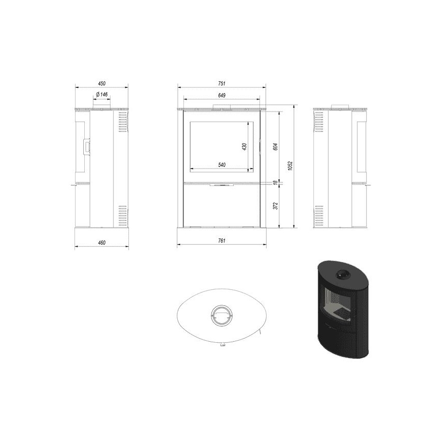 Kratki - Stahlkamin mit automatischer Türschließung 10kW 150 mm schwarz