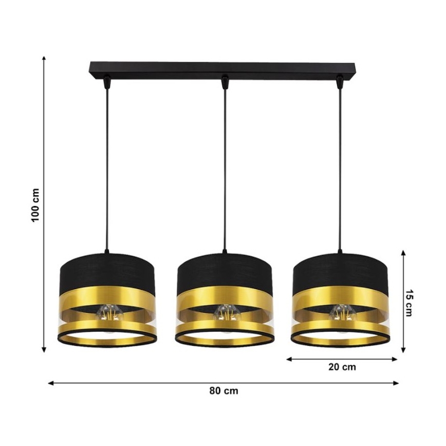 Kronleuchter an Schnur MILO 3xE27/60W/230V gold/schwarz