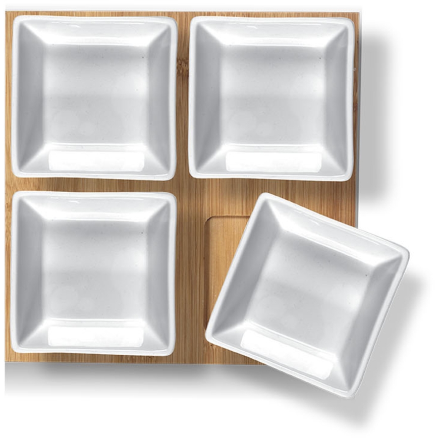 Lamart - Set 4 ciotole in porcellana 19x19 cm + vassoio in legno