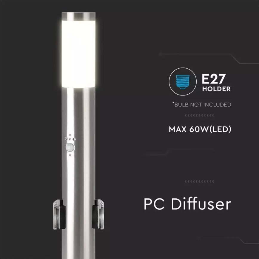 Lampada da esterno con sensore + 2 prese SCHUKO 1xE27/60W/230V IP44 60cm cromo opaco