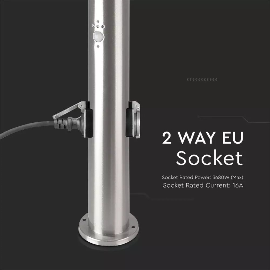 Lampada da esterno con sensore + 2 prese SCHUKO 1xE27/60W/230V IP44 60cm cromo opaco