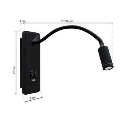 Lampada da parete LED flessibile con USB BASE LED/8W+LED/2W/230V nera