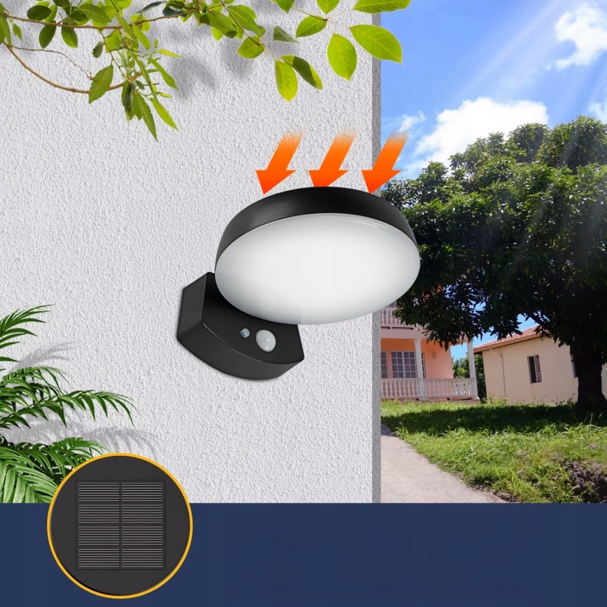 Lampada da parete solare a LED dimmerabile con sensore LED/3W/3,7V 1800 mAh IP54 nera