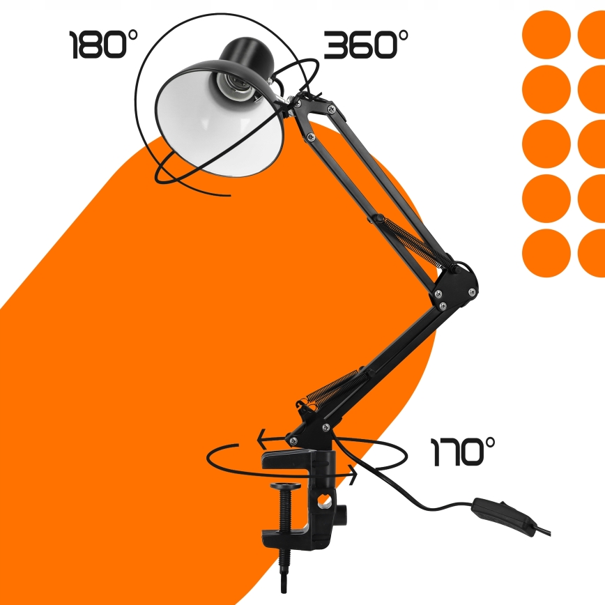 Lampada da tavolo con morsetto 1xE27/60W/230V nera