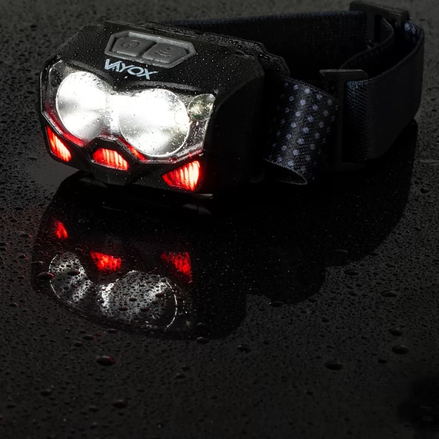 LED Dimmerabile ricaricabile lampada da testa con sensore e luce rossa 2xLED/5W/5V/3xAAA IP65 500 lucente 1200 mAh