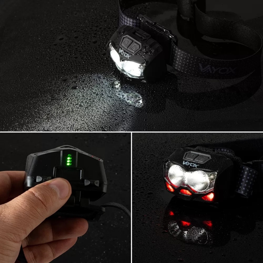 LED Dimmerabile ricaricabile lampada da testa con sensore e luce rossa 2xLED/5W/5V/3xAAA IP65 500 lucente 1200 mAh