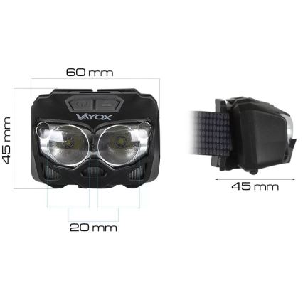 LED Dimmerabile ricaricabile lampada da testa con sensore e luce rossa 2xLED/5W/5V/3xAAA IP65 500 lucente 1200 mAh