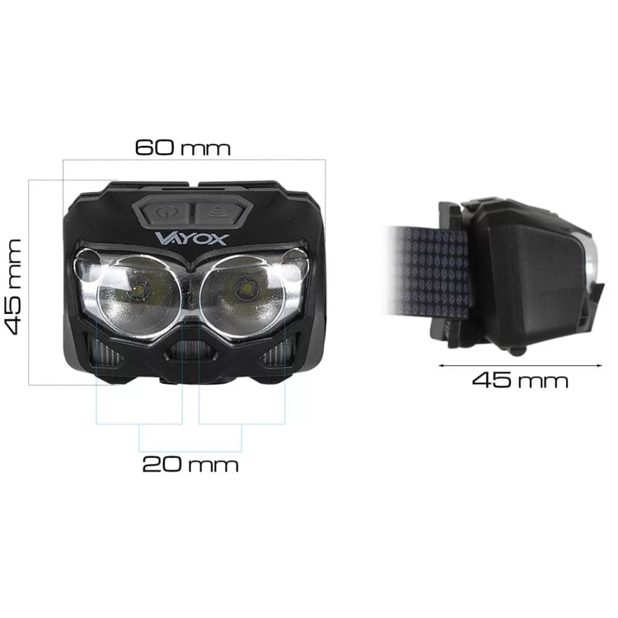 LED Dimmerabile ricaricabile lampada da testa con sensore e luce rossa 2xLED/5W/5V/3xAAA IP65 500 lucente 1200 mAh