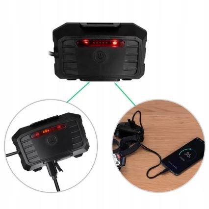 LED Dimmerabile ricaricabile lampada da testa con sensore con funzione di power bank e luce rossa LED/10W/5V IP44 1200 lucente 4000 mAh