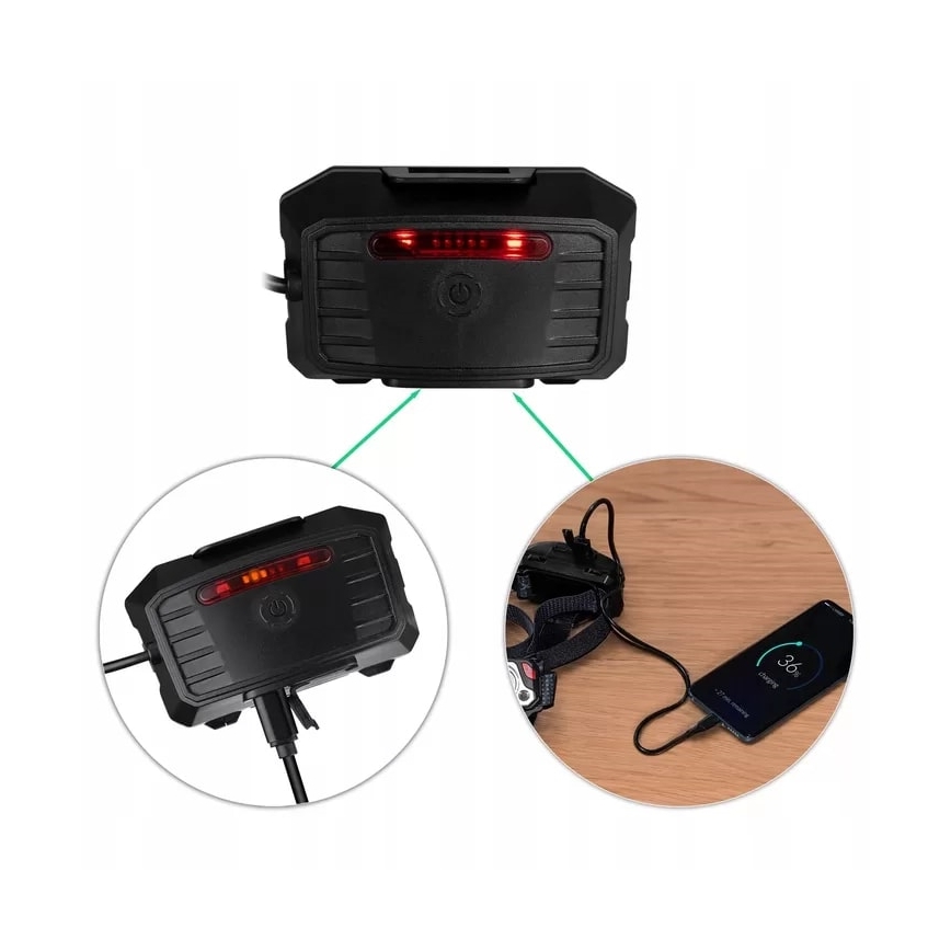 LED Dimmerabile ricaricabile lampada da testa con sensore con funzione di power bank e luce rossa LED/10W/5V IP44 1200 lucente 4000 mAh