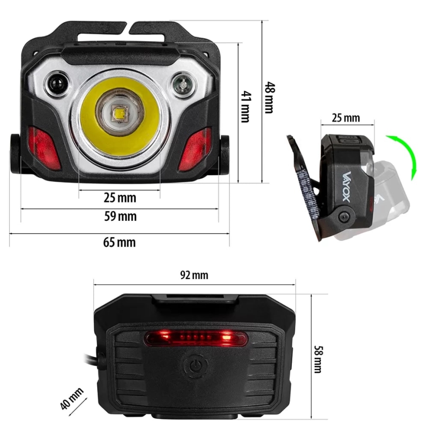 LED Dimmerabile ricaricabile lampada da testa con sensore con funzione di power bank e luce rossa LED/10W/5V IP44 1200 lucente 4000 mAh