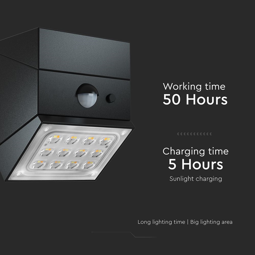 LED Lampada solare da parete con sensore LED/2,5W/3,7V 3000/4000/6000K IP65 1200 mAh nera