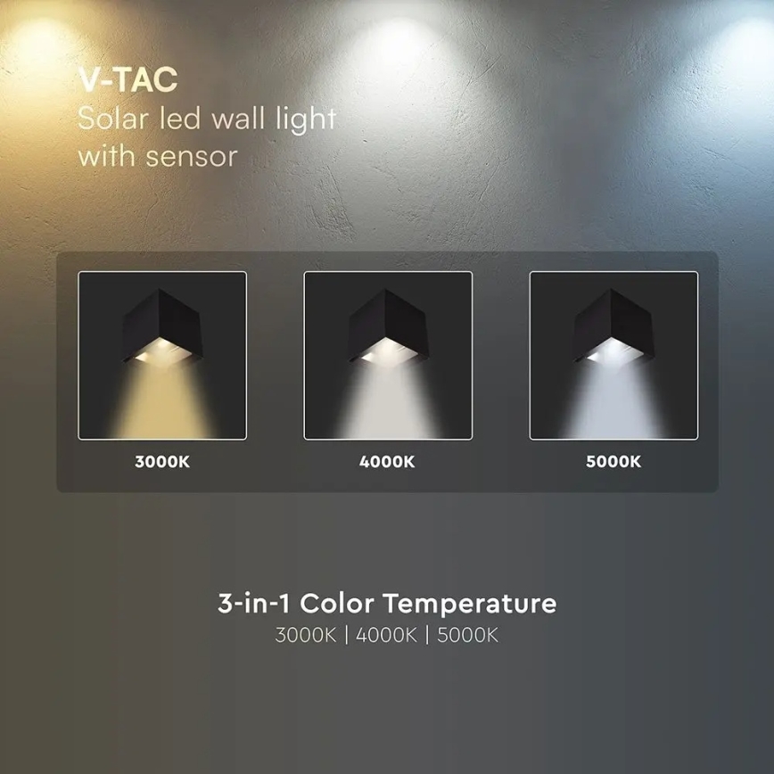 Lampada da parete solare LED con sensore LED/9W/3,7V 3000/4000/5000K IP65 2600 mAh nera