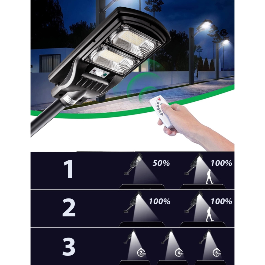 LED Lampione solare dimmerabile con sensore LED/120W/6V 6500K IP65 nero + telecomando