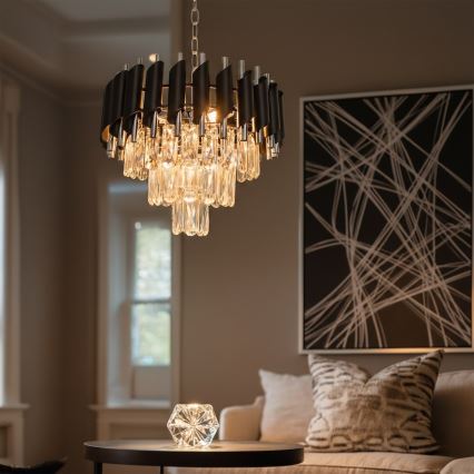 Lampadario a catena CRISTAL 5xE14/10W/230V Ø 38 cm nero/cromo opaco