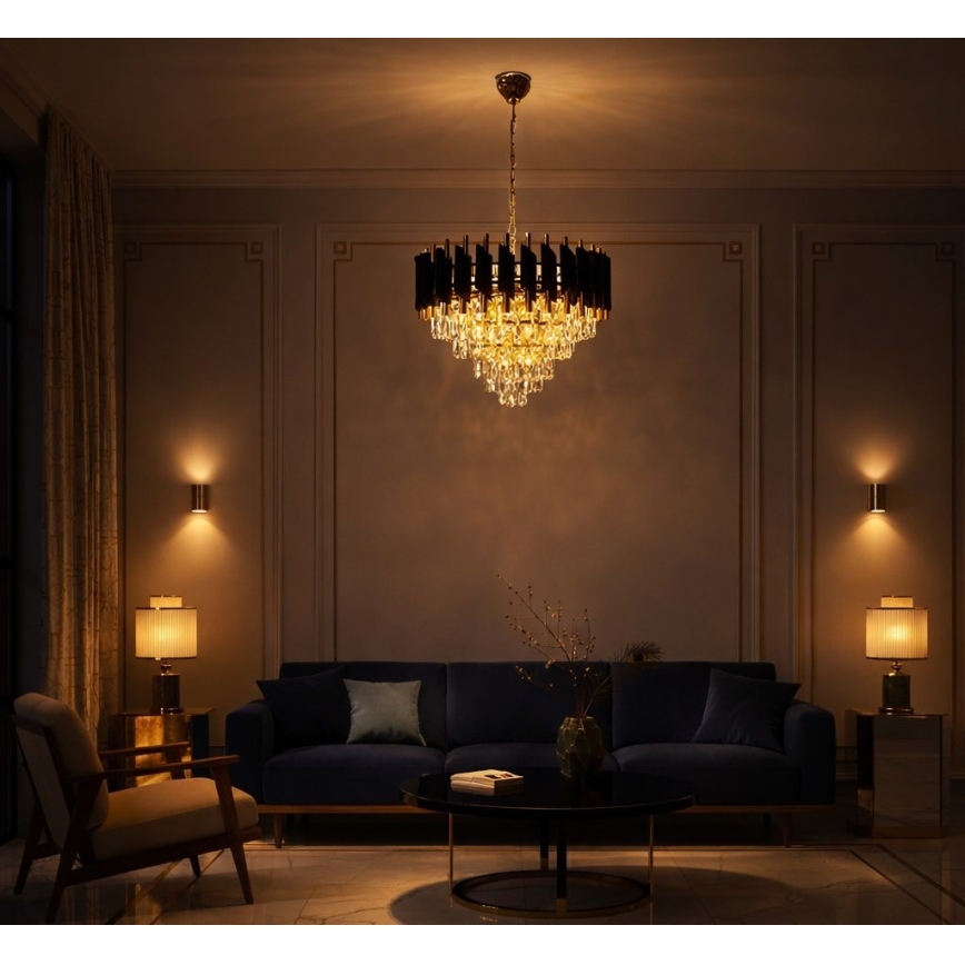 Lampadario a catena CRISTAL 7xE14/10W/230V nero/oro