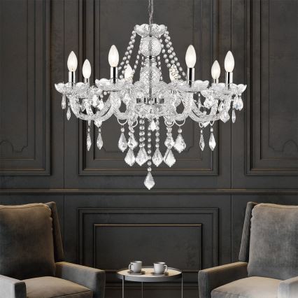 Lampadario a catena CRISTALLO 8xE14/60W/230V, cromo lucido