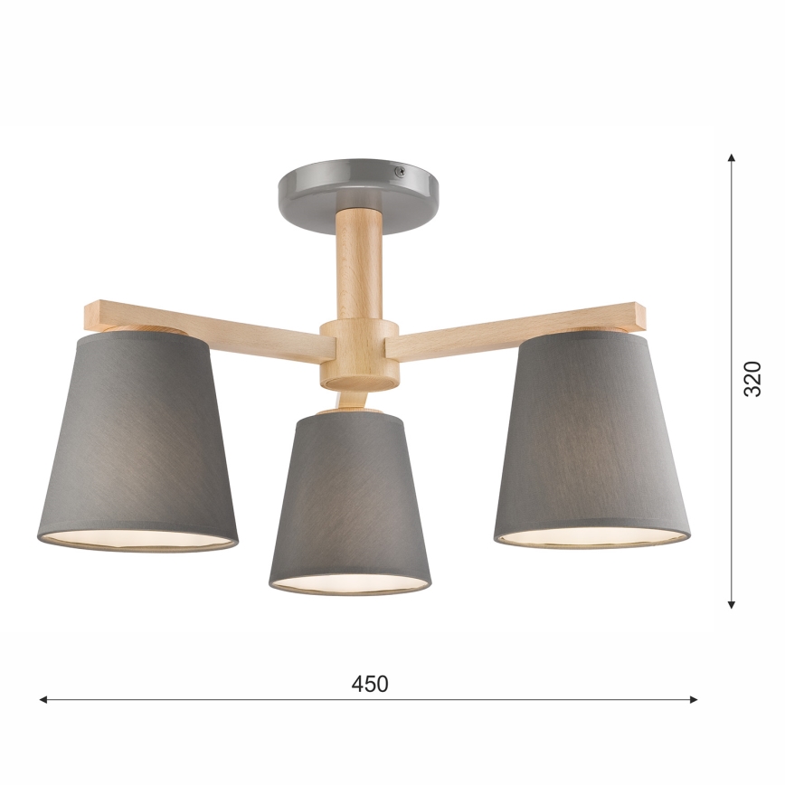 Lampadario a plafone ELLIE 3xE27/60W/230V grigio/faggio - FSC certificato