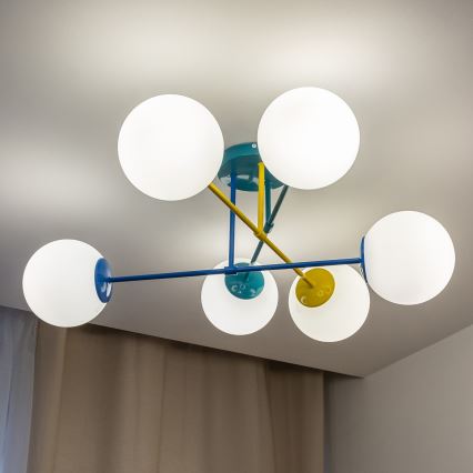 Lampadario a plafone MOON 6xE27/15W/230V turchese/giallo/blu