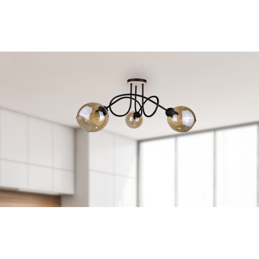Lampadario a plafone VENUS WOOD 3xE27/60W/230V nero/fumé marrone