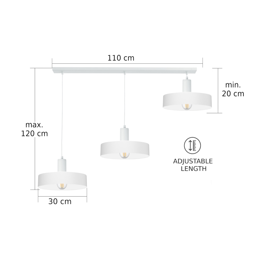 Lampadario a sospensione ARCANE con cavo 3xE27/60W/230V bianco