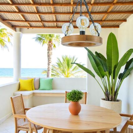 Lampadario a sospensione con catena IOS 3xE27/60W/230V diametro 30 cm faggio