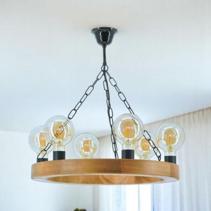 Lampadario a sospensione con catena IOS 6xE27/60W/230V diametro 50 cm faggio